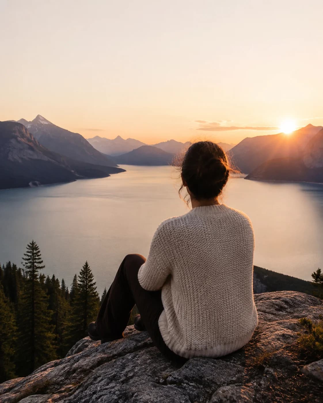 Une femme assise au-dessus d'un lac de montagne dans la lumière du coucher du soleil